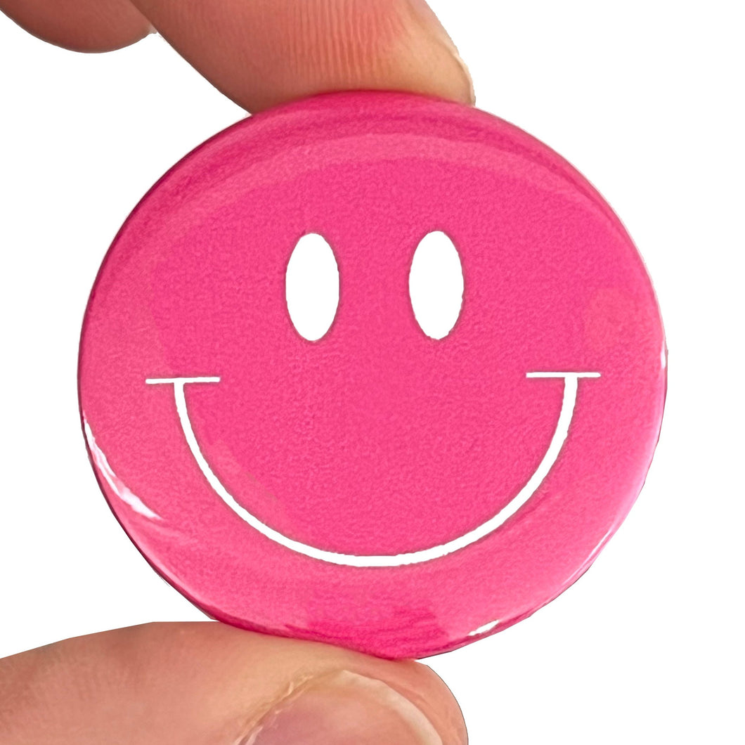 Deep Pink Happy Face Button Pin Badge