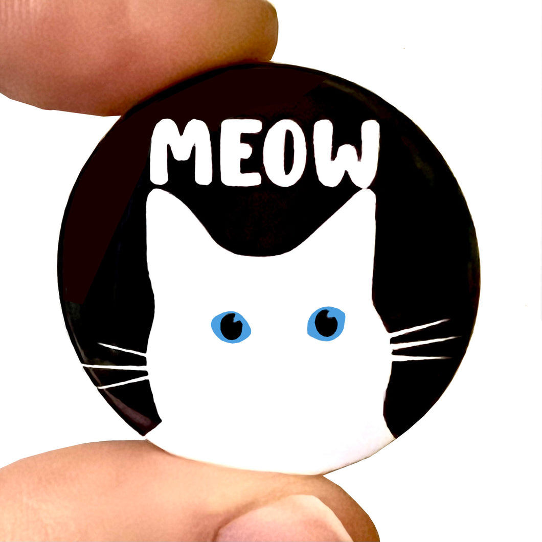 Black & White Cat Meow Button Pin Badge