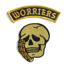 Load image into Gallery viewer, Gold Embroidered Worriers Skull Anxiety Large Iron On Back Patch Set
