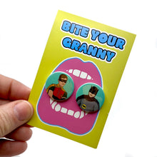 Load image into Gallery viewer, 1970s Stylee Batman And Robin Button Stud Earrings
