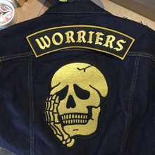 Load image into Gallery viewer, Gold Embroidered Worriers Skull Anxiety Large Iron On Back Patch Set
