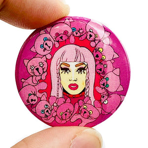 Pink Scaredy kat Drag Button Pin Badge