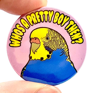 Who's A Pretty Boy Then? Budgie Button Pin Badge